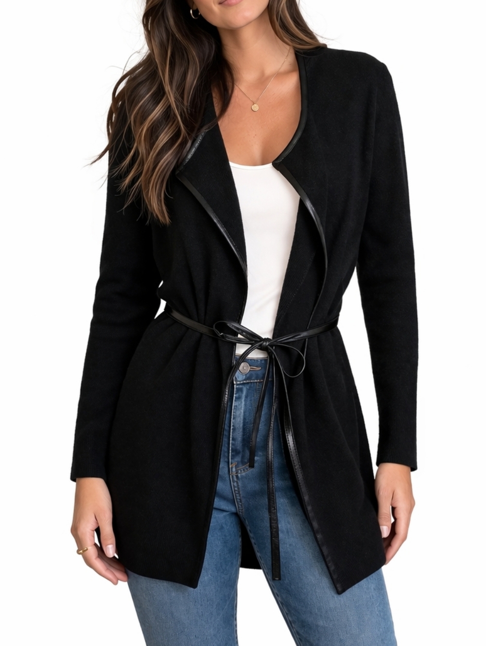 J. McLaughlin Black Cashmere Blend Draped Belted Open Front Cardigan Size M